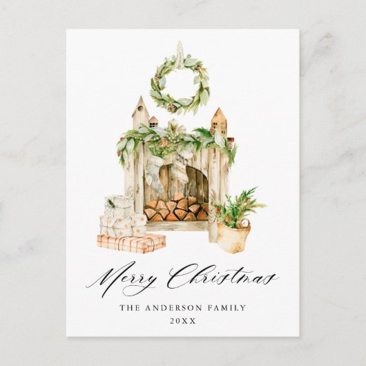 Boho水彩暖炉と緑の非写真 シーズンポストカード (正面)
