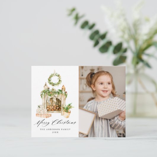 Boho水彩暖炉と緑2写真 シーズンポストカード (スタンド正面)