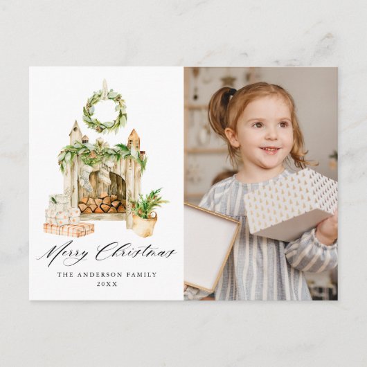 Boho水彩暖炉と緑2写真 シーズンポストカード (正面)