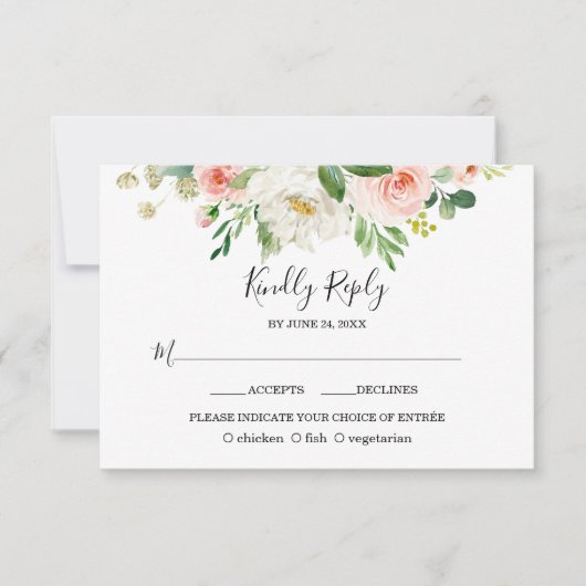 Boho水彩桃色赤面結婚花 出欠カード (正面)