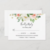 Boho水彩桃色赤面結婚花 出欠カード (正面/裏面)