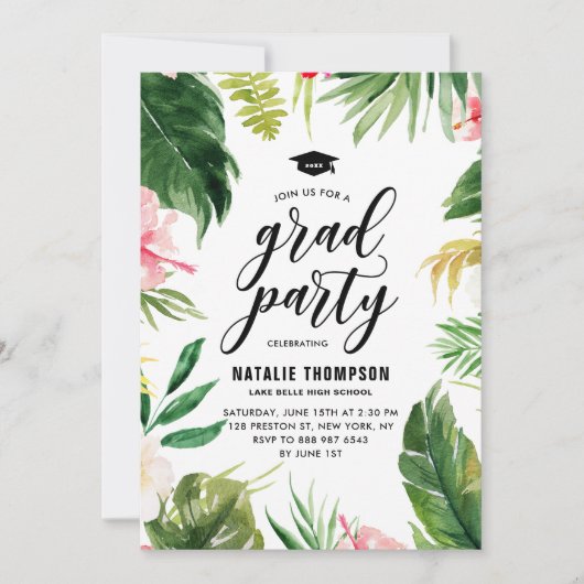 Boho水彩熱帯フローラフレーム卒業 招待状 (正面)
