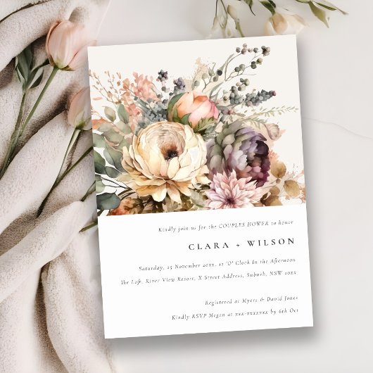 Boho水彩秋のフローラバンチカップルのシャワー 招待状