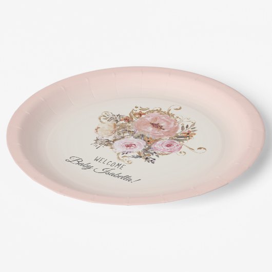 BOHO水彩秋フローラ赤面ベビーガールシャワー ペーパープレート (アングル)