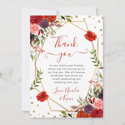 Boho水彩秋花金ゴールドフレーム結婚ズ サンキューカード (正面)