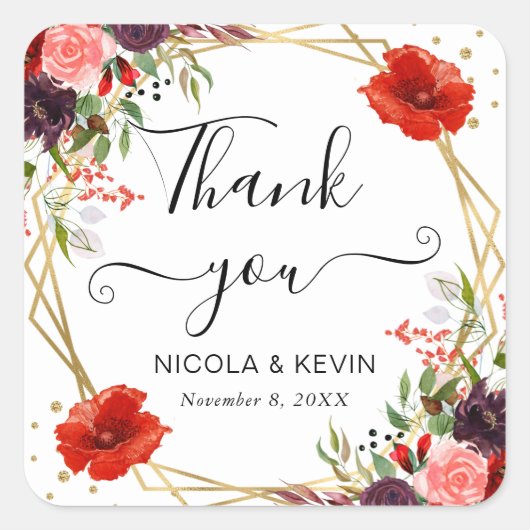 Boho水彩秋花金ゴールドフレーム結婚ズ スクエアシール (正面)