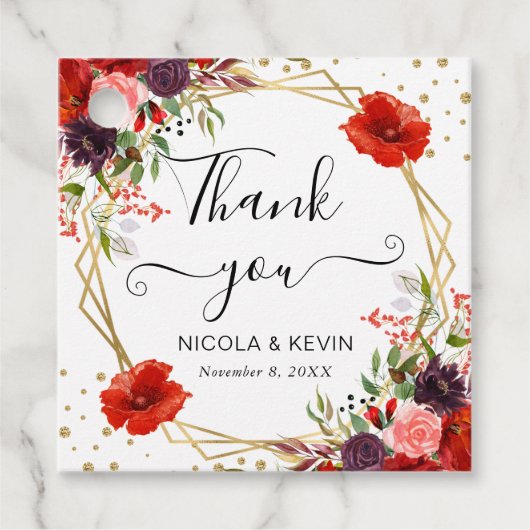 Boho水彩秋花金ゴールドフレーム結婚ズ フェイバータグ (正面)