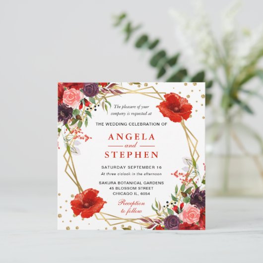 Boho水彩秋花金ゴールドフレーム結婚ズ 招待状 (スタンド正面)
