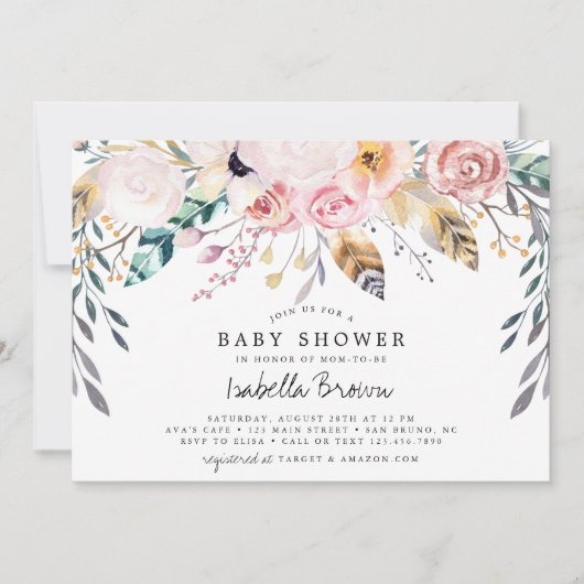 Boho水彩花と羽の赤ちゃんシャワー 招待状 (正面)