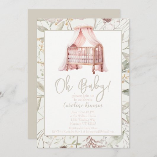 Boho水彩花ゆりかごの赤ちゃんシャワー 招待状 (正面/裏面)