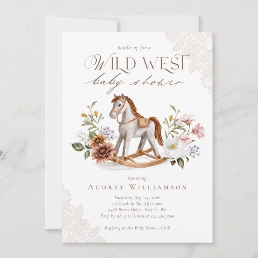 Boho水彩西ロッキングホース赤ちゃんシャワー 招待状 (正面)