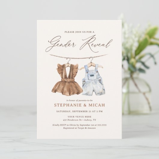 Boho水彩赤ちゃん服ジェンダーが明らかにする 招待状 (スタンド正面)