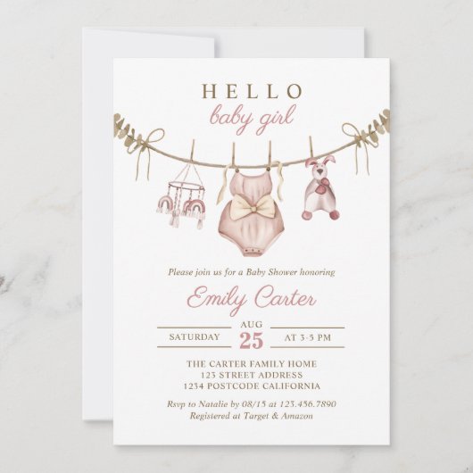 Boho水彩赤ちゃん服女の子の赤ちゃんシャワー 招待状 (正面)