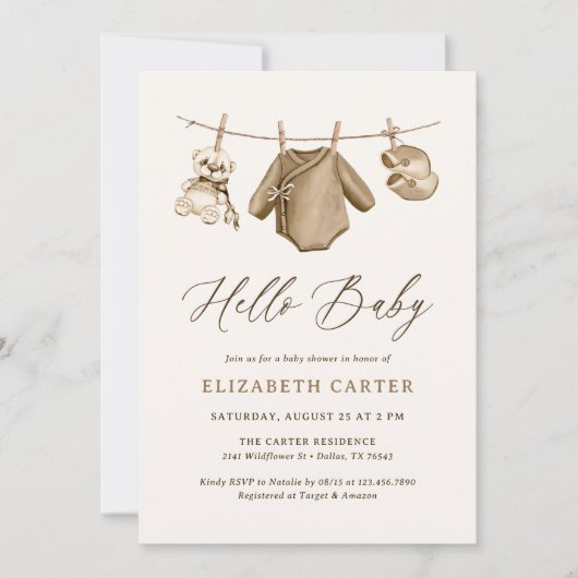 Boho水彩赤ちゃん服Boy赤ちゃんシャワー 招待状 (正面)