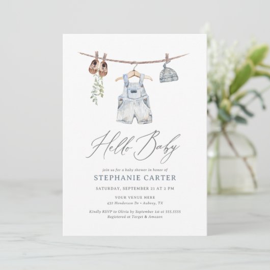 Boho水彩赤ちゃん服Boy赤ちゃんシャワー 招待状 (スタンド正面)