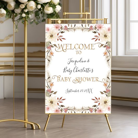 BOHO水彩赤面ピンクフローラガールベビーシャワー ポスター