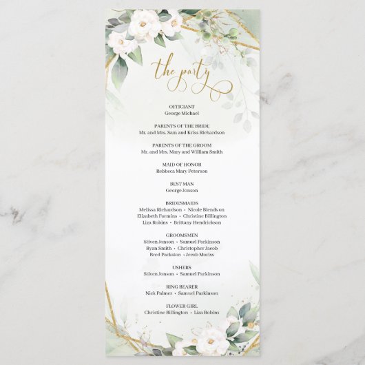 Boho水彩金ゴールドフレーム緑と白バラ プログラム (裏面)