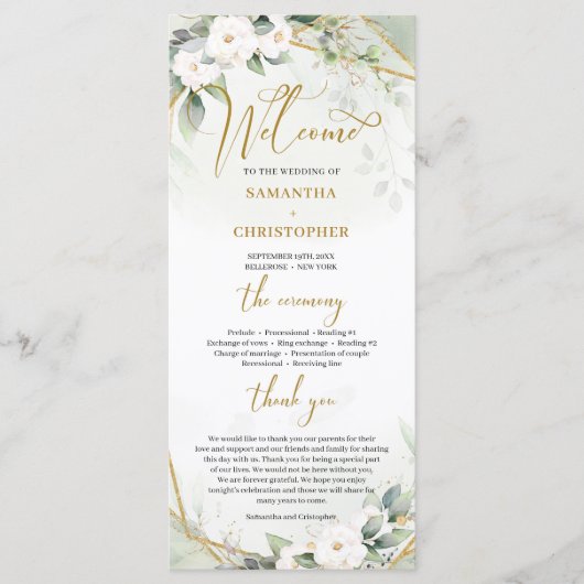 Boho水彩金ゴールドフレーム緑と白バラ プログラム (正面)