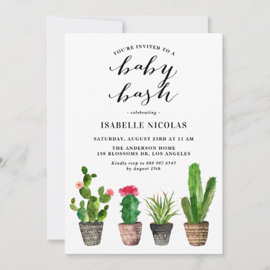 Boho水色の多肉夏の赤ちゃんシャワーバッシュ 招待状 (正面)