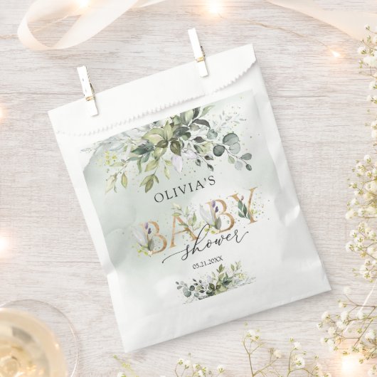 Boho水色の緑の金ゴールド文字ベビーシャワー フェイバーバッグ (クリップ留めされた状態)