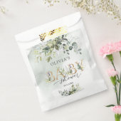 Boho水色の緑の金ゴールド文字ベビーシャワー フェイバーバッグ (封をした状態)