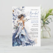 Boho水色ネイビーと白い花のブライダルドレス 招待状 (スタンド正面)