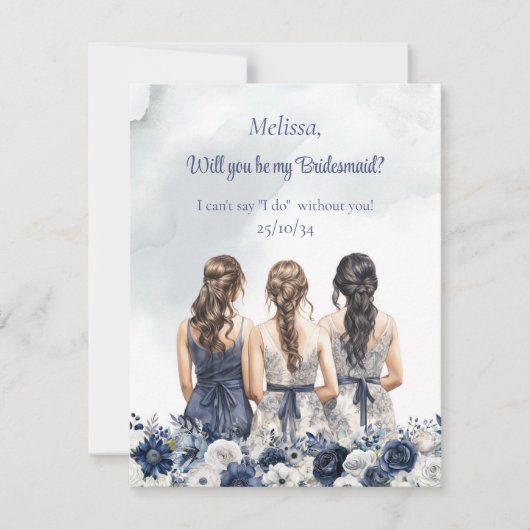 Boho水色ネイビーブルーホワイトフローラブライドメイド 招待状 (正面)