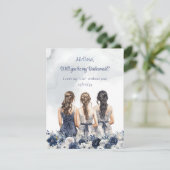 Boho水色ネイビーブルーホワイトフローラブライドメイド 招待状 (スタンド正面)