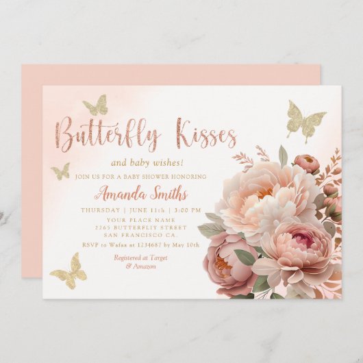 Boho水色バタフライキス女の子ベビーシャワー 招待状 (正面/裏面)