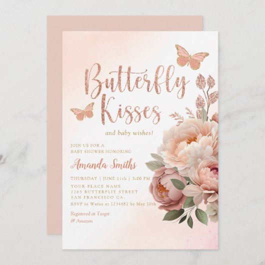 Boho水色バタフライキス女の子ベビーシャワー 招待状 (正面/裏面)