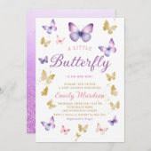 Boho水色パープルバタフライガールベビーシャワー 招待状 (正面/裏面)