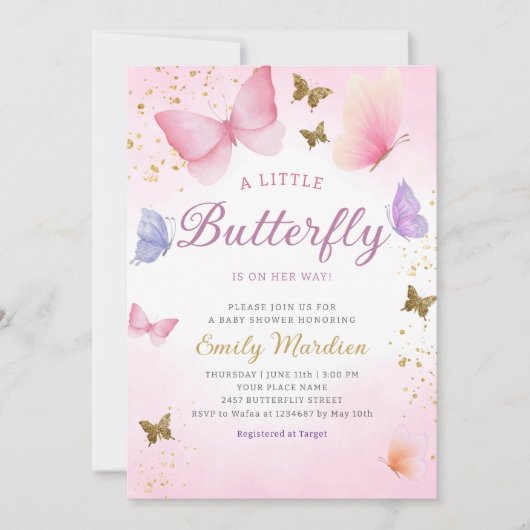 Boho水色ピンクの女の子バタフライベビーシャワー 招待状 (正面)