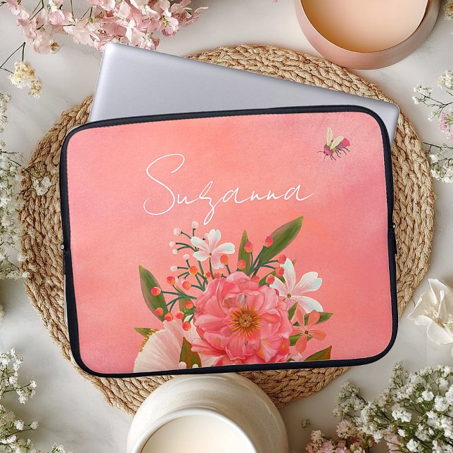 Boho水色ピンクサンゴ花模様スクリプト名 ラップトップスリーブ (Boho Watercolor Pink Coral Florals Script Name Laptop Sleeve)