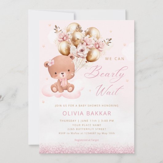 Boho水色ピンクテディベアガールベイビーシャワー 招待状 (正面)