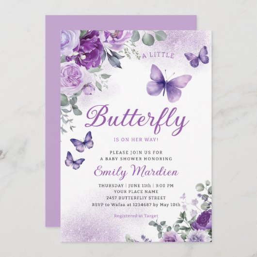 Boho水色フローラガールバタフライベビーシャワー 招待状 (正面/裏面)