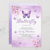 Boho水色フローラガールバタフライベビーシャワー 招待状 (正面/裏面)