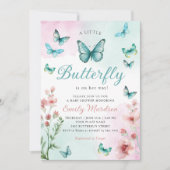 Boho水色フローラガールバタフライベビーシャワー 招待状 (正面)