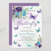 Boho水色フローラガールバタフライベビーシャワー 招待状 (正面/裏面)