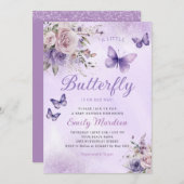 Boho水色フローラガールバタフライベビーシャワー 招待状 (正面/裏面)