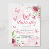 Boho水色フローラガールバタフライベビーシャワー 招待状 (正面)