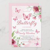 Boho水色フローラガールバタフライベビーシャワー 招待状 (正面/裏面)