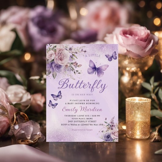 Boho水色フローラガールバタフライベビーシャワー 招待状