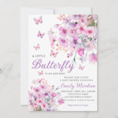 Boho水色フローラガールバタフライベビーシャワー 招待状 (正面)