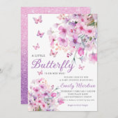 Boho水色フローラガールバタフライベビーシャワー 招待状 (正面/裏面)