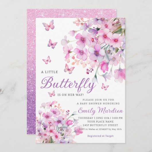 Boho水色フローラガールバタフライベビーシャワー 招待状 (正面/裏面)