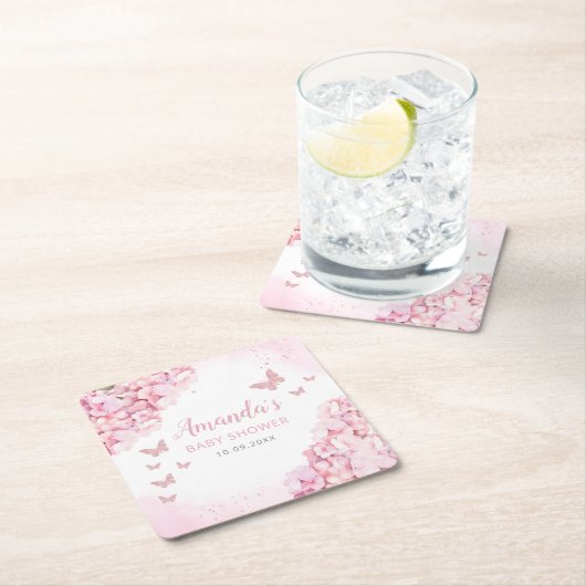 Boho水色フローラバタフライガールベビーシャワー スクエアペーパーコースター (インサイチュ)