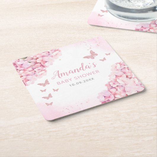 Boho水色フローラバタフライガールベビーシャワー スクエアペーパーコースター (アングル)
