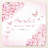 Boho水色フローラバタフライガールベビーシャワー スクエアペーパーコースター (正面)