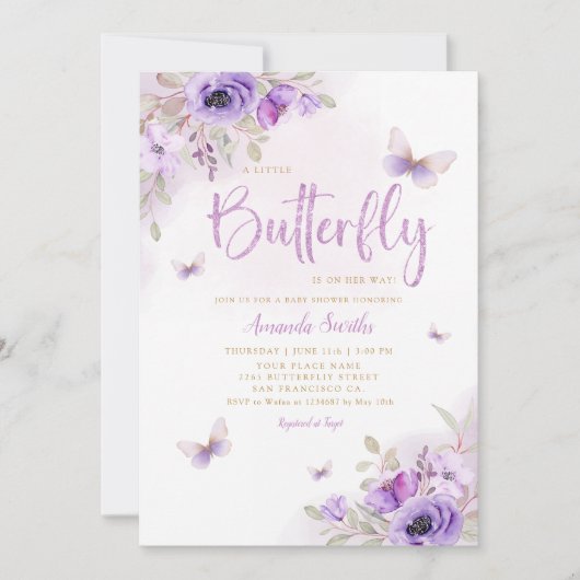 Boho水色フローラバタフライガールベビーシャワー 招待状 (正面)