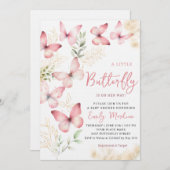 Boho水色フローラバタフライガールベビーシャワー 招待状 (正面/裏面)